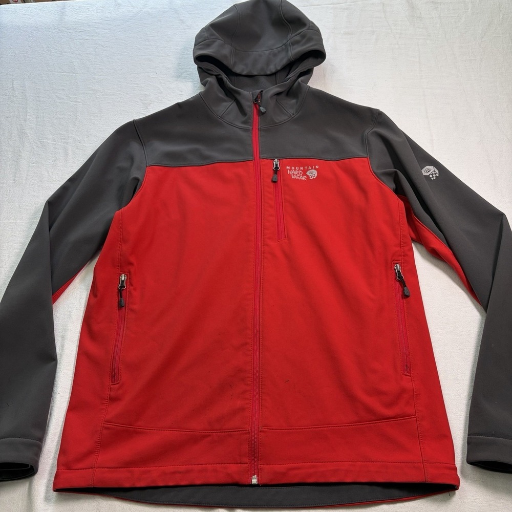 Mountain Hard Wear Full Zip Hood Jacket Mens Large Gray Red Conduit Soft Shell